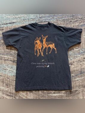 Twin Fawns Deer Cottagecore Black Bleach Painted Graphic T-Shirt